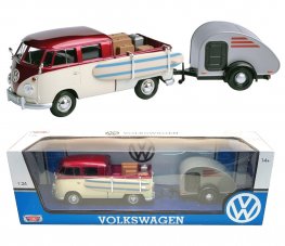 1:24 Volkswagen Type 2 (T1) - Surf Pick up and Tear Drop Trailer (White with Dark Red) MM79673ST 1:24 Volkswagen Type 2 (T1) - Surf Pick up and Tear Drop Trailer (White with Dark Red) MM79673ST